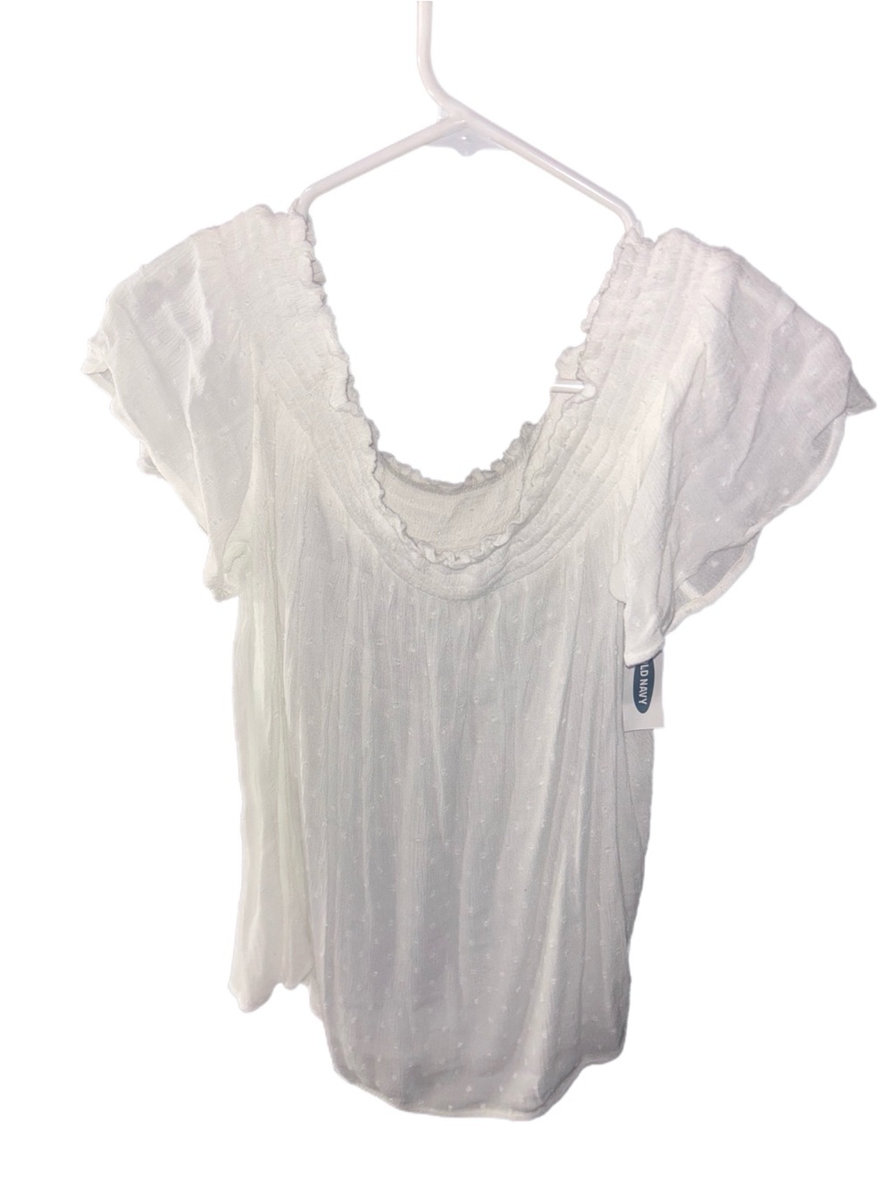 Old Navy White Swiss Dot Peasant Blouse with Ruffle Trim
